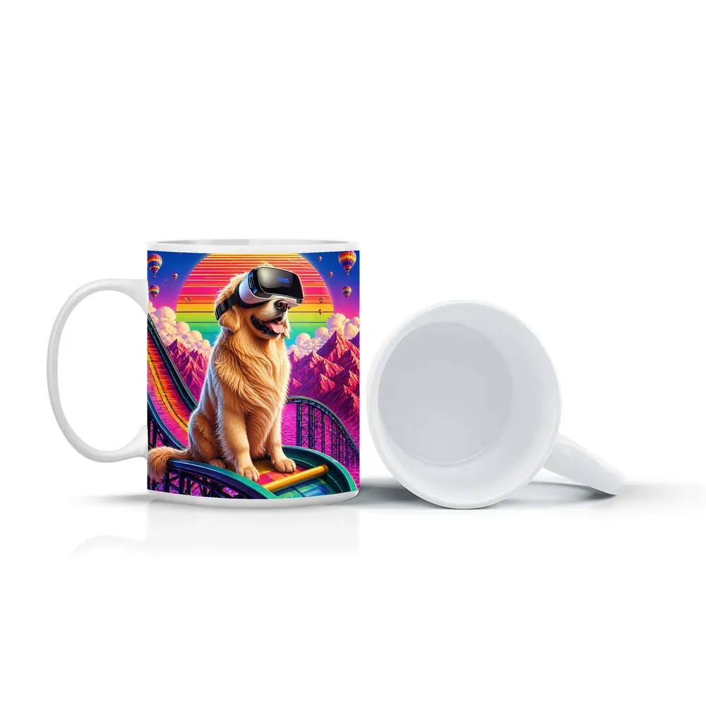 Golden Retriever VR Headset Retro Synthwave Sunset – Mugs