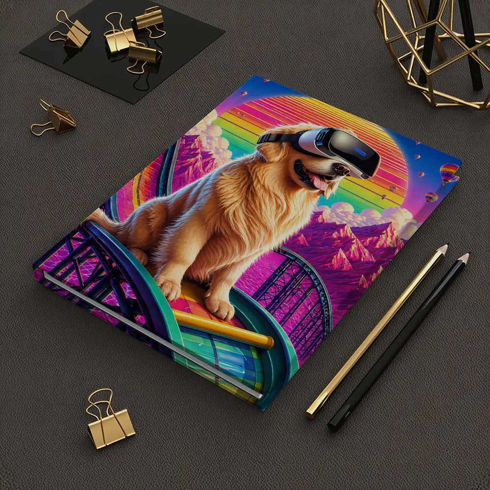 Golden Retriever VR Headset Retro Synthwave Sunset – Notebooks
