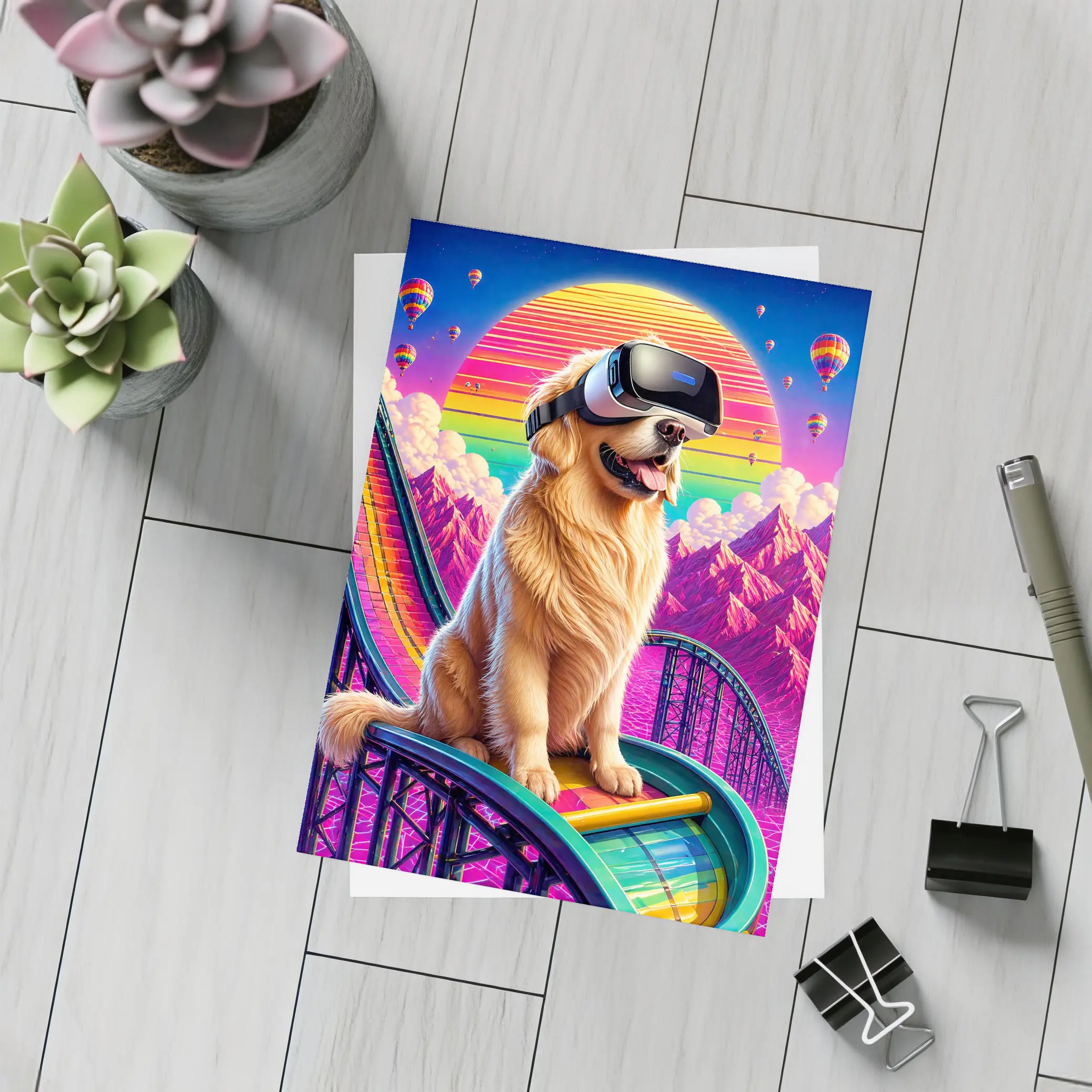 Golden Retriever VR Headset Retro Synthwave Sunset – Postcards