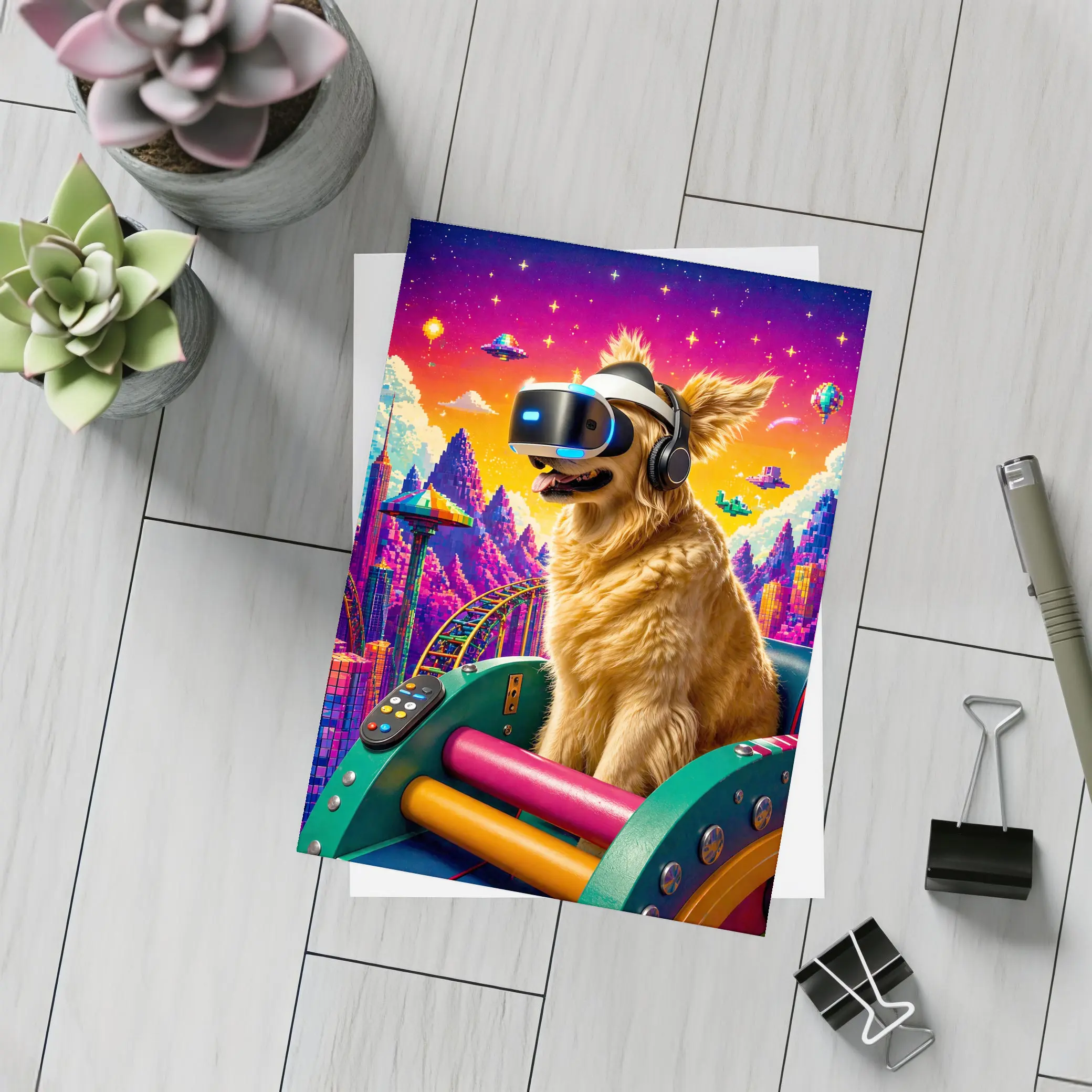 Golden Retriever VR Headset Pixel Gaming World – Postcards
