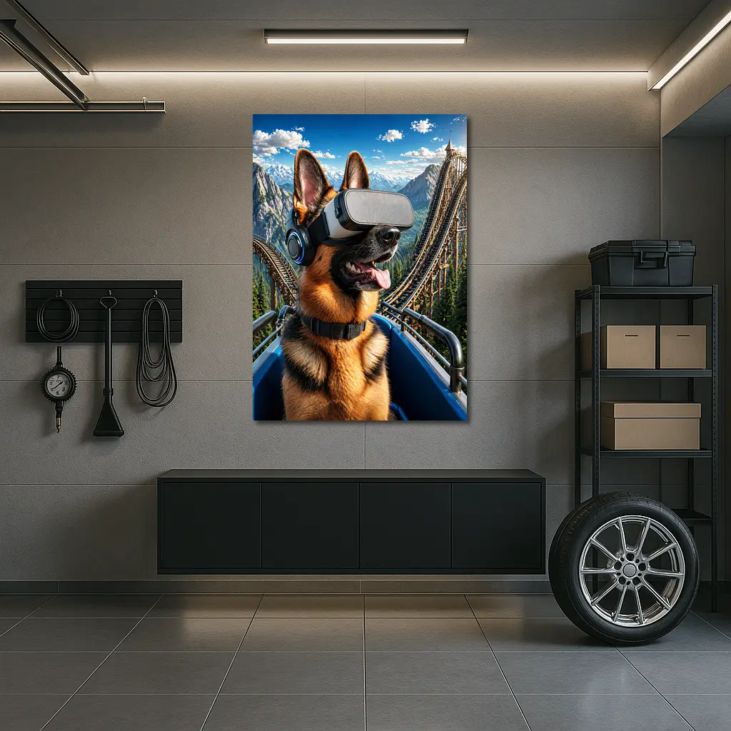 German Shepherd VR Headset Roller Coaster Mountains – Wall Art