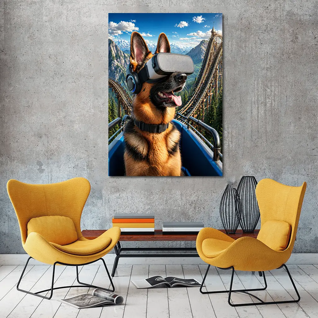 German Shepherd VR Headset Roller Coaster Mountains – Wall Art