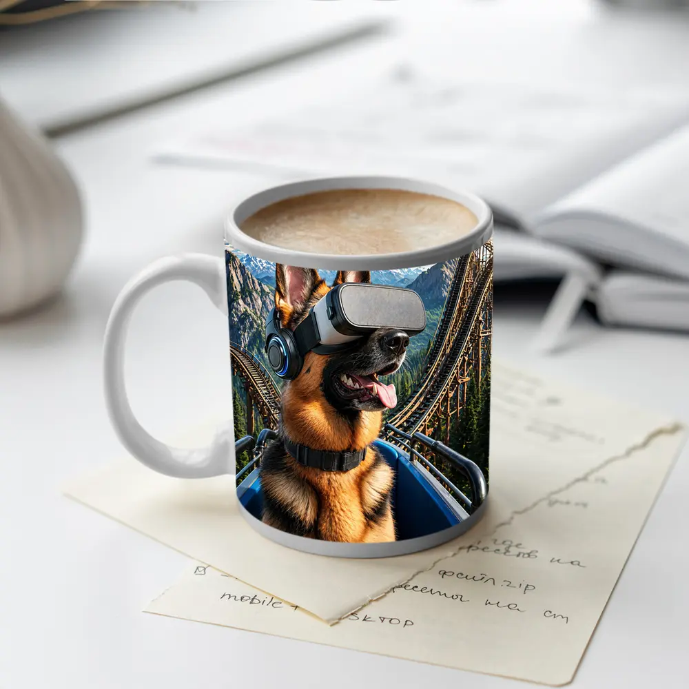 German Shepherd VR Headset Roller Coaster Mountains – Mugs