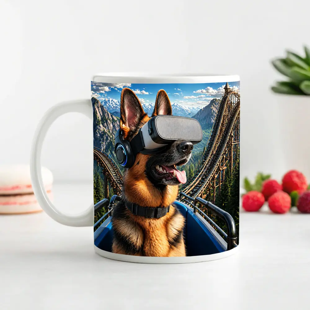 German Shepherd VR Headset Roller Coaster Mountains – Mugs