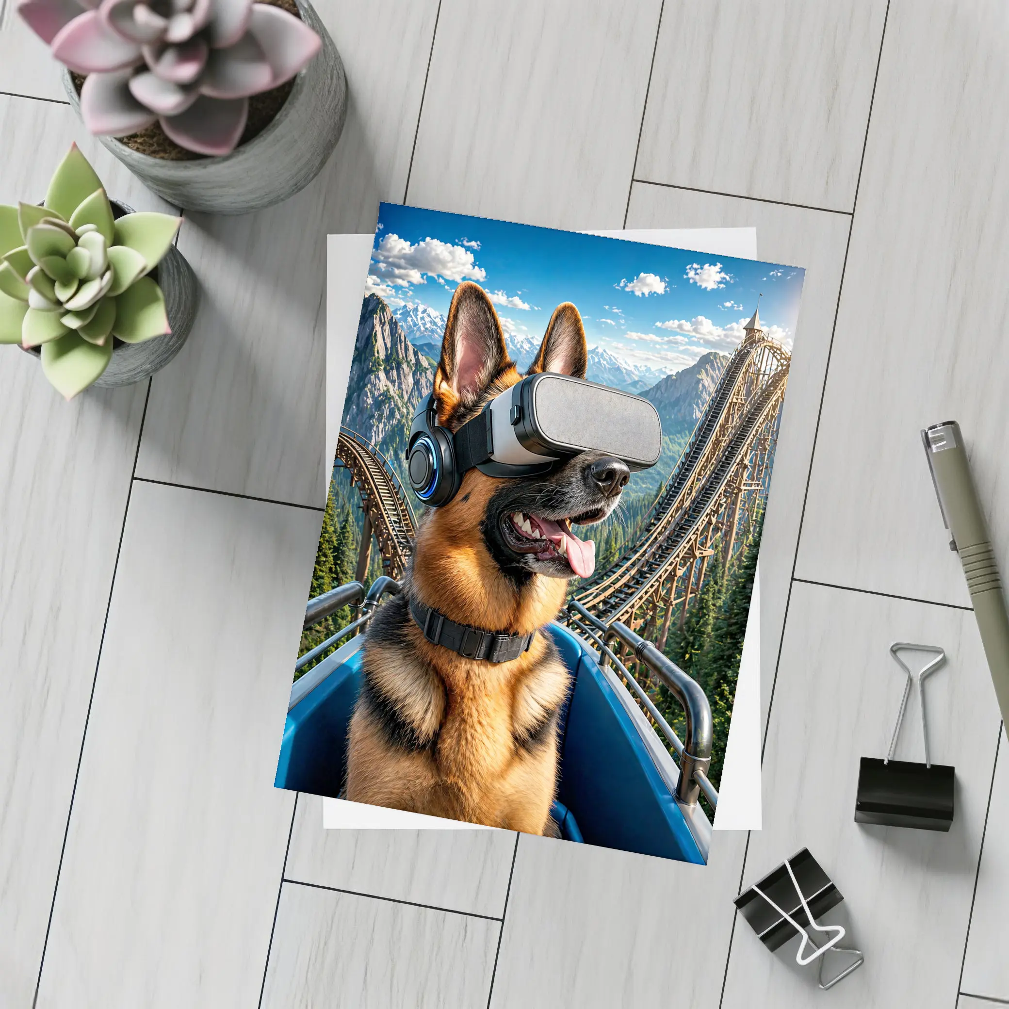 German Shepherd VR Headset Roller Coaster Mountains – Postcards