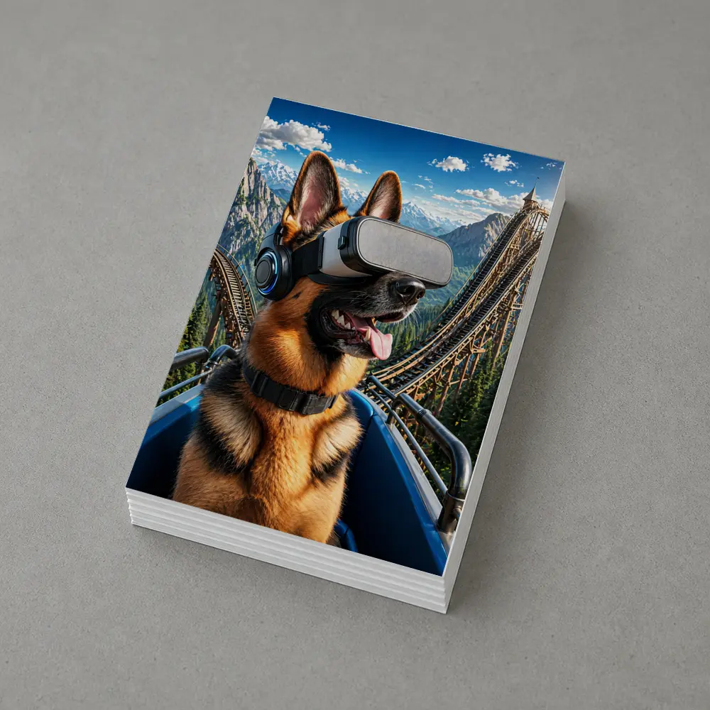 German Shepherd VR Headset Roller Coaster Mountains – Postcards