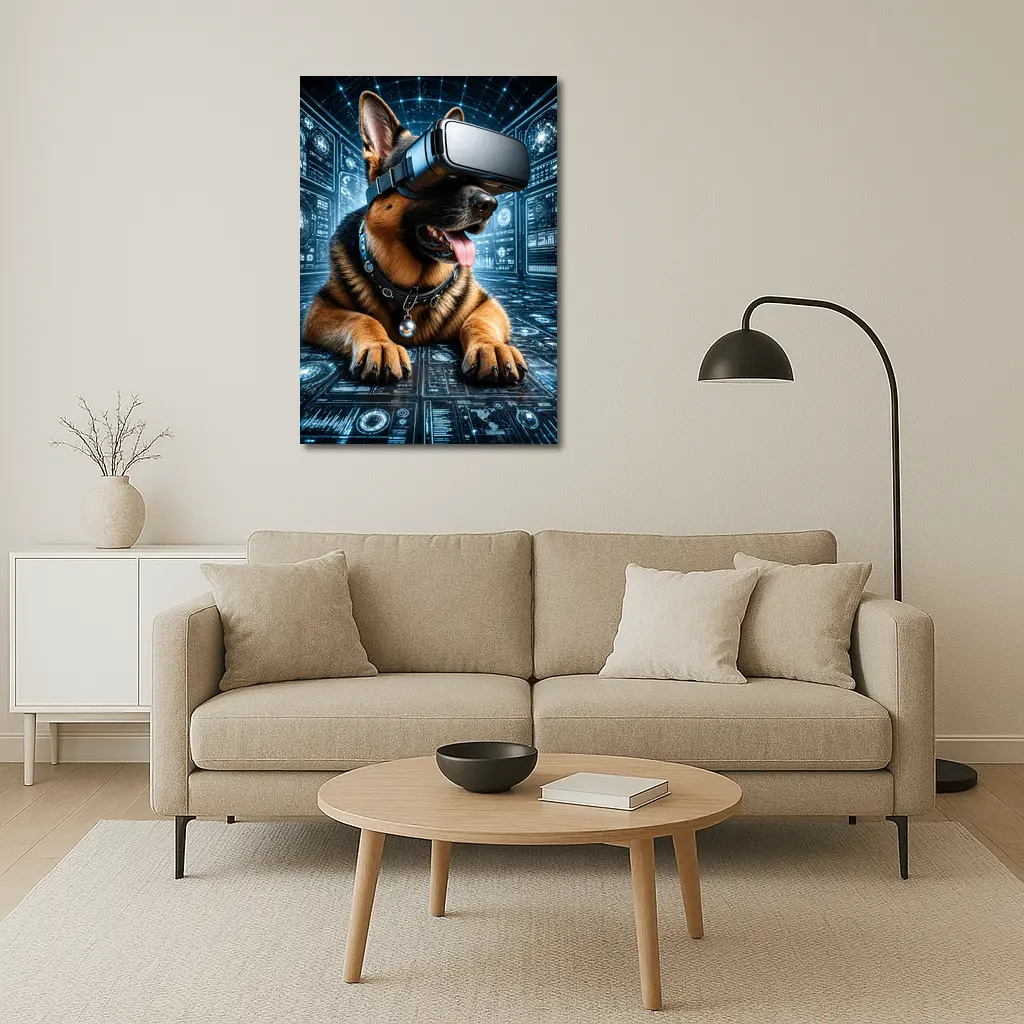 German Shepherd Wearing VR Headset Digital World – Wall Art