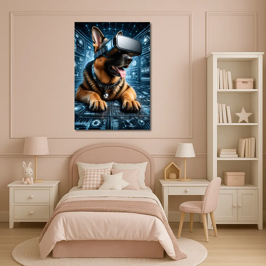 German Shepherd Wearing VR Headset Digital World – Wall Art
