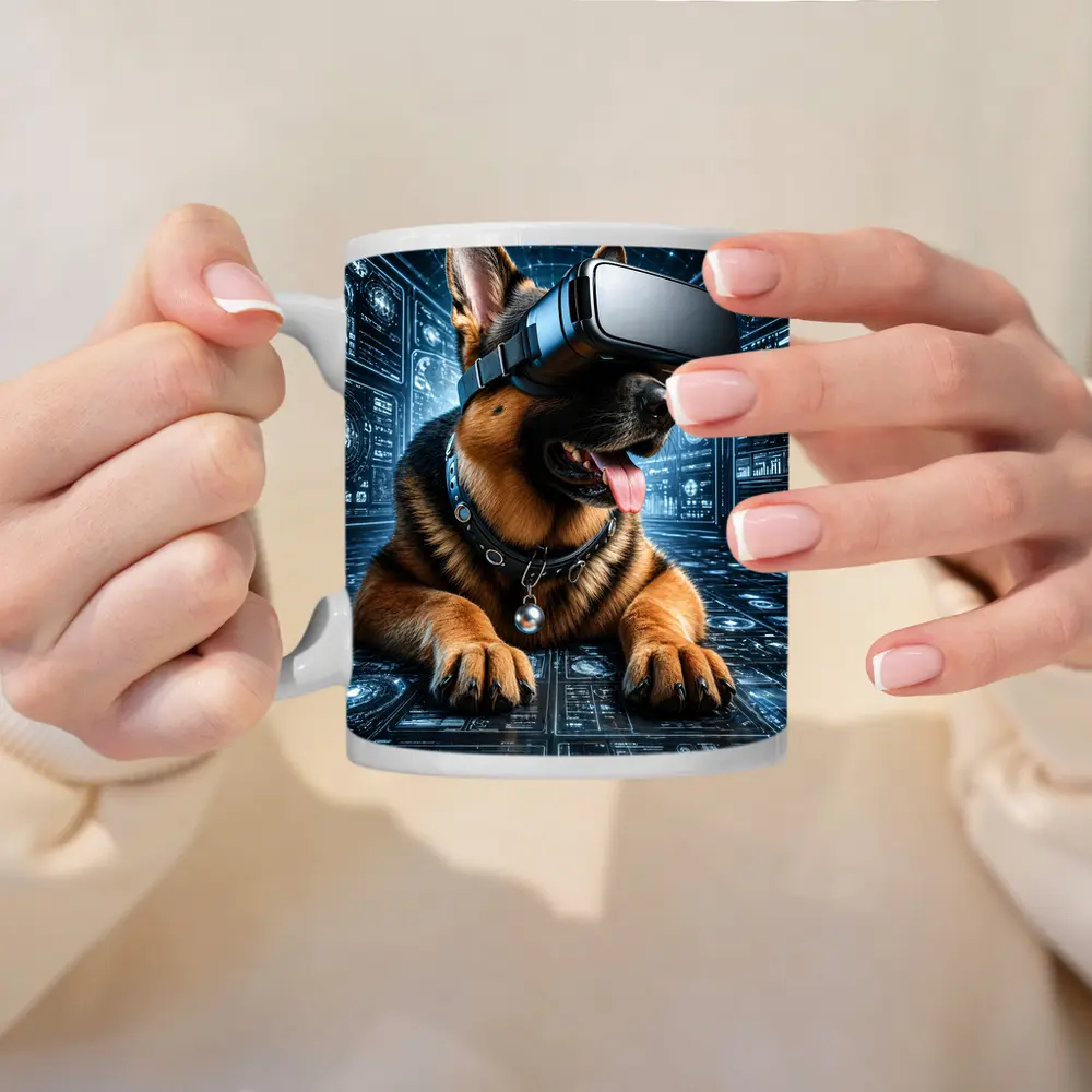 German Shepherd Wearing VR Headset Digital World – Mugs