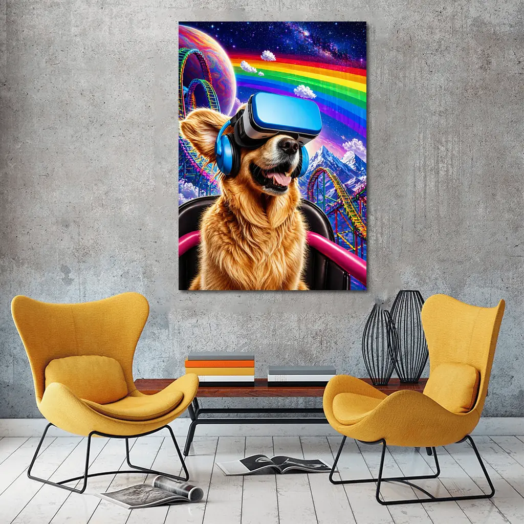 Golden Retriever VR Headset Rainbow Galaxy Background – Wall Art
