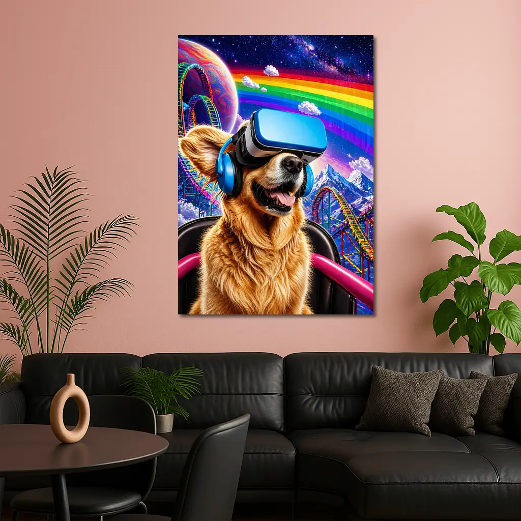 Golden Retriever VR Headset Rainbow Galaxy Background – Wall Art
