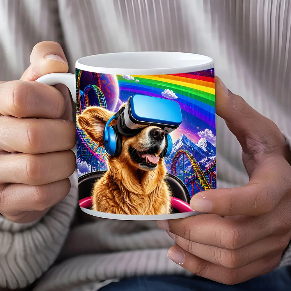 Golden Retriever VR Headset Rainbow Galaxy Background – Mugs