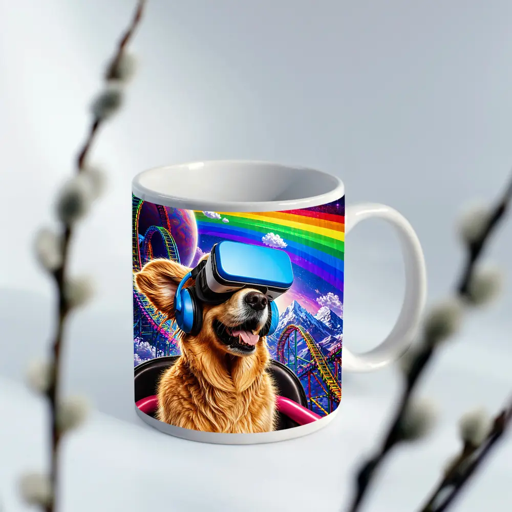 Golden Retriever VR Headset Rainbow Galaxy Background – Mugs