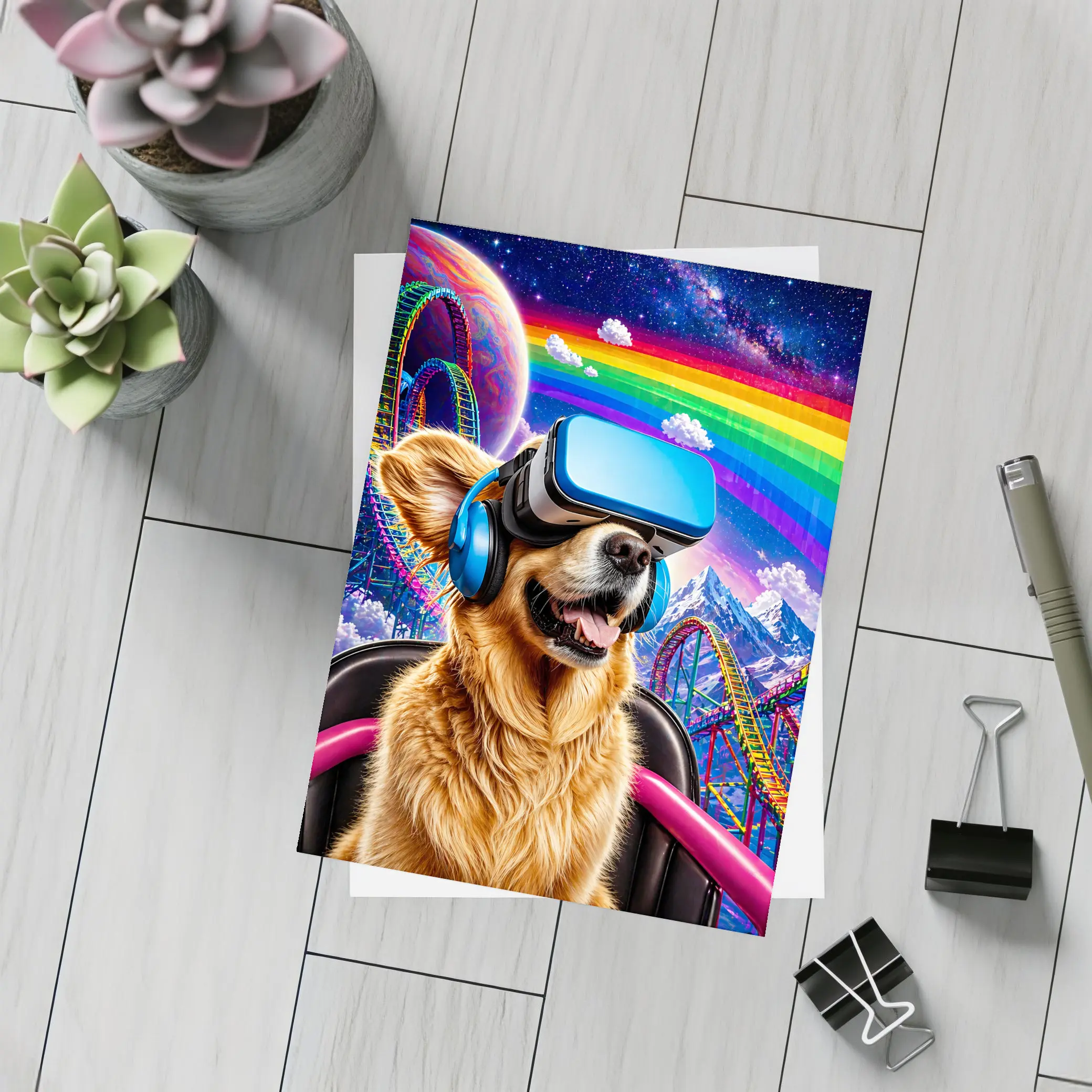 Golden Retriever VR Headset Rainbow Galaxy Background – Postcards