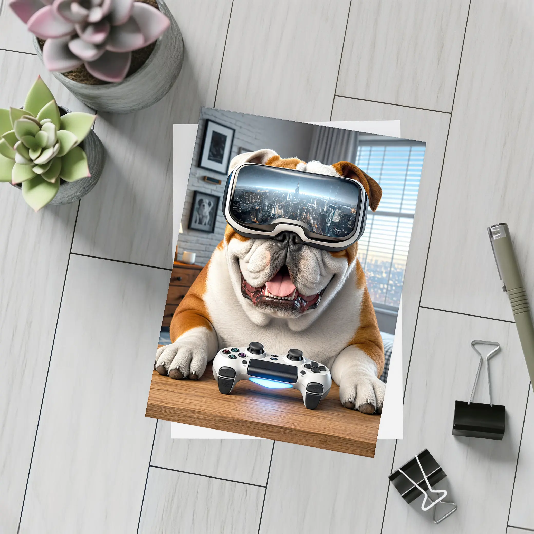English Bulldog VR Gaming Controller Cozy Room – Postcards