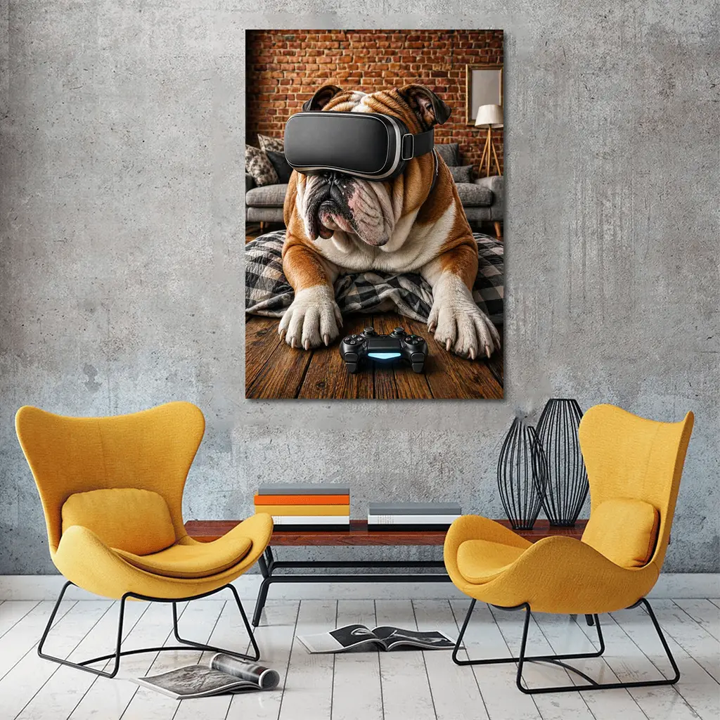 English Bulldog Gaming VR Headset Cozy Room – Wall Art