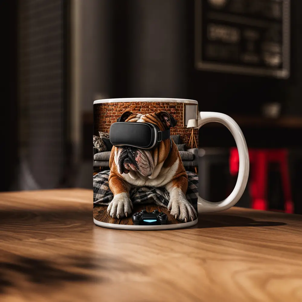 English Bulldog Gaming VR Headset Cozy Room – Mugs