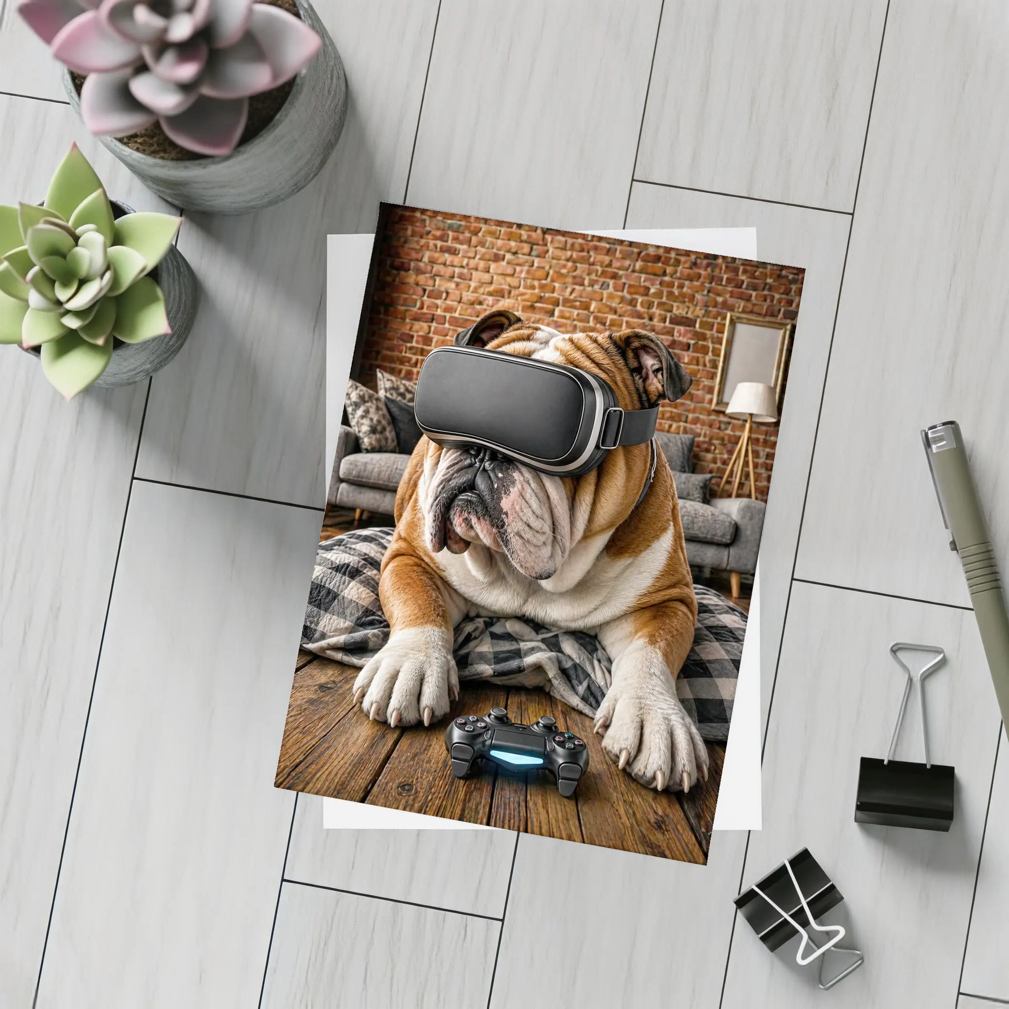 English Bulldog Gaming VR Headset Cozy Room – Postcards