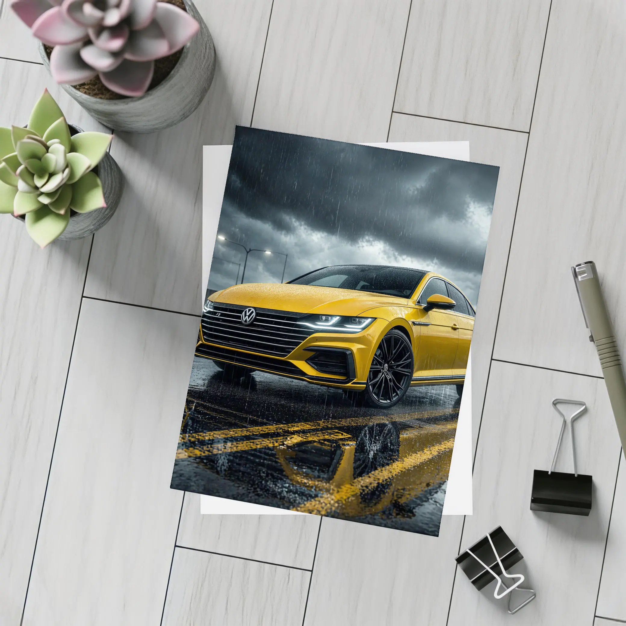 Volkswagen Arteon Yellow in Rainy Storm – Postcards