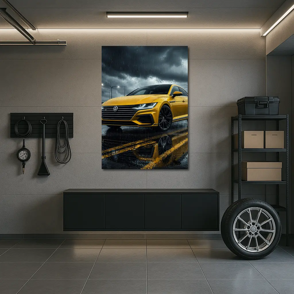 Volkswagen Arteon Yellow in Rainy Storm – Wall Art