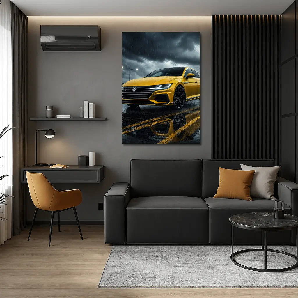 Volkswagen Arteon Yellow in Rainy Storm – Wall Art