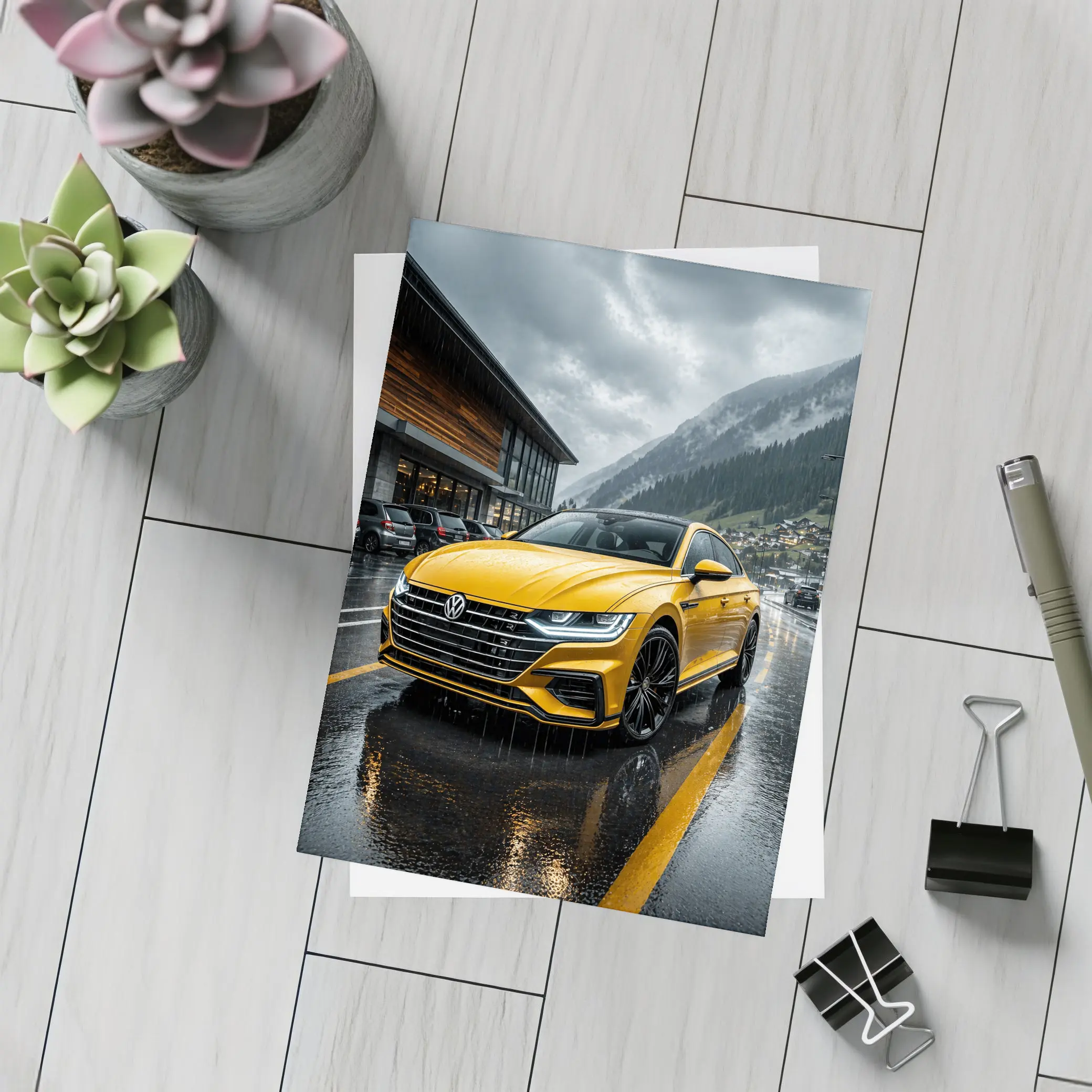 Volkswagen Arteon Yellow Wet Mountain Parking – Postcards