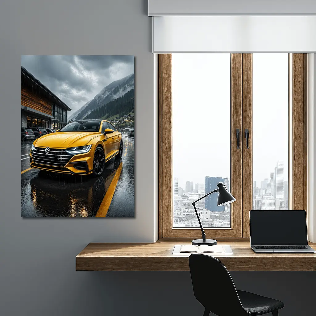 Volkswagen Arteon Yellow Wet Mountain Parking – Wall Art