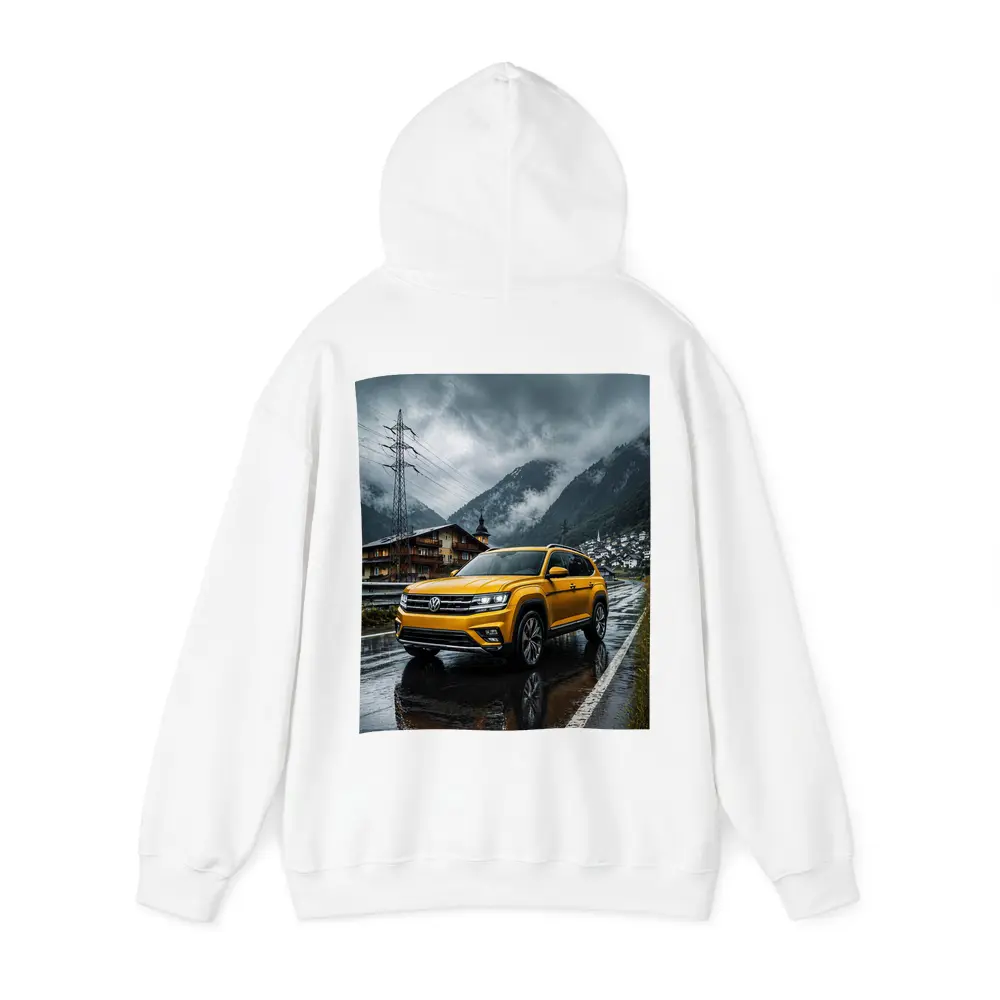 Volkswagen Atlas Yellow SUV Rainy Mountain Village – Hoodies