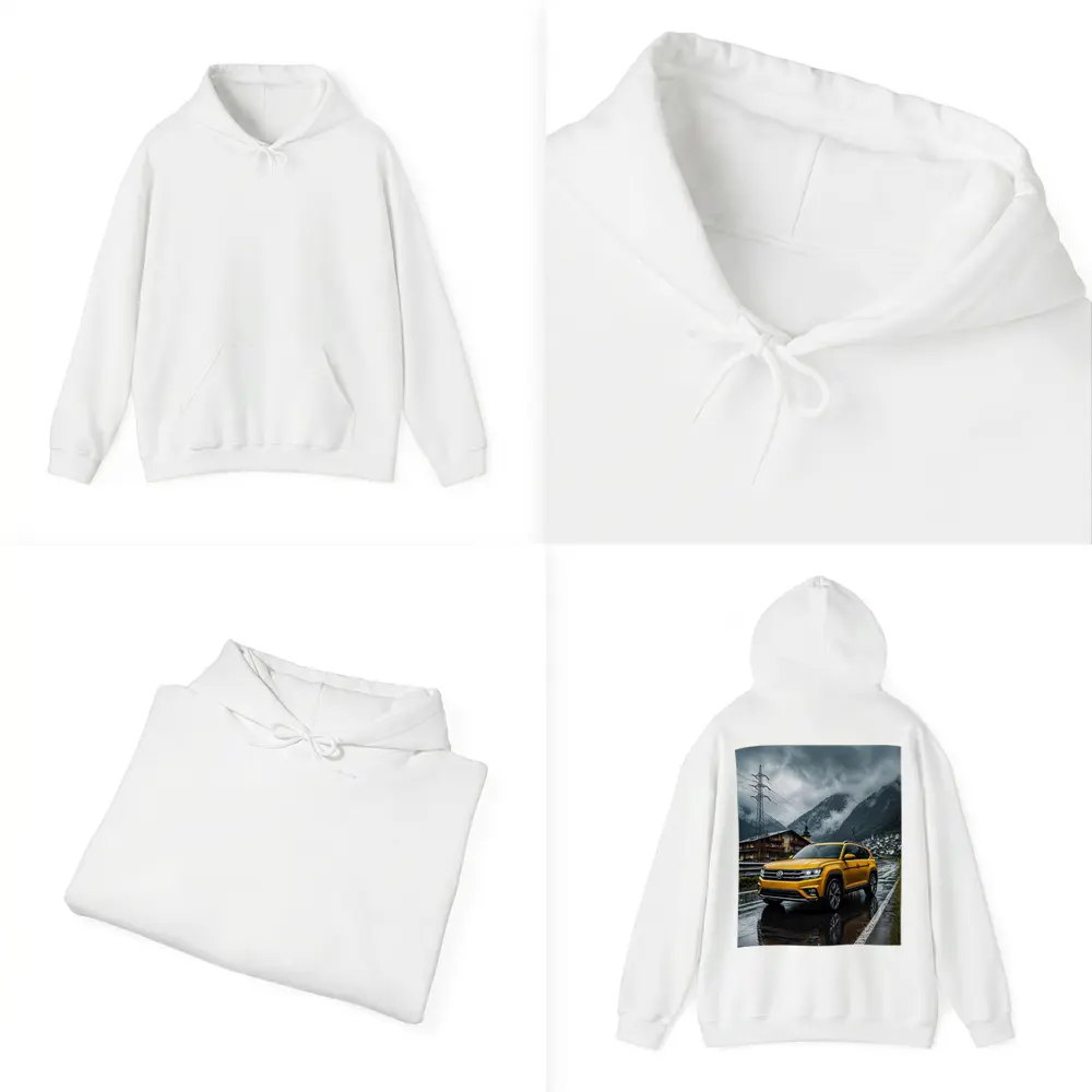 Volkswagen Atlas Yellow SUV Rainy Mountain Village – Hoodies