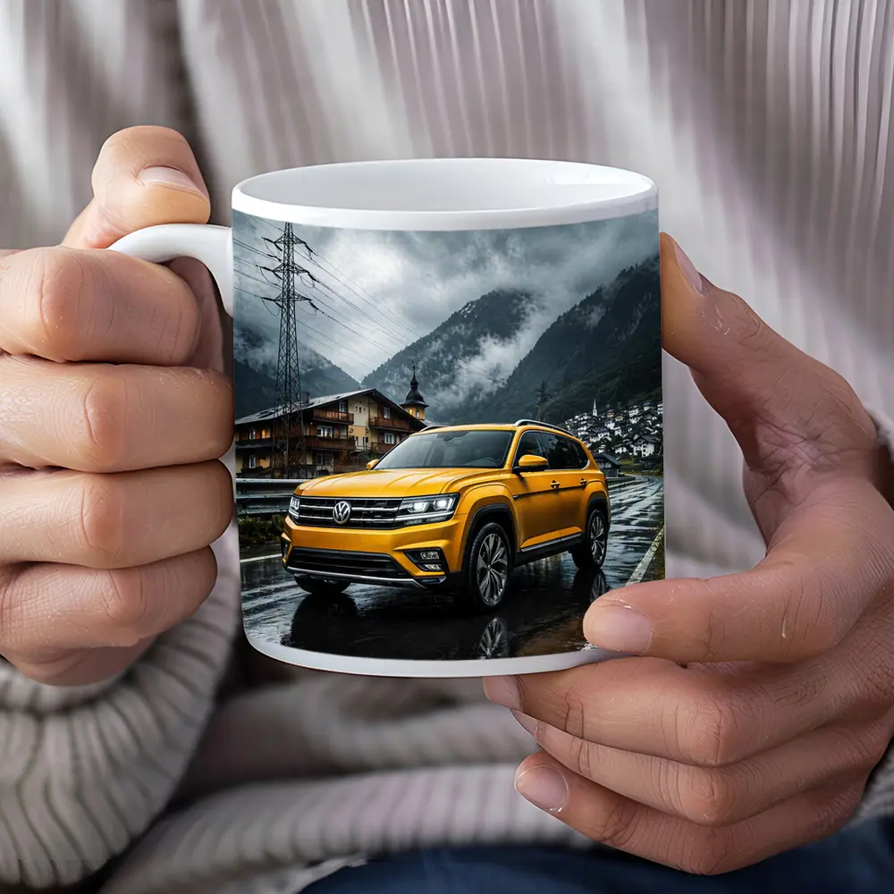 Volkswagen Atlas Yellow SUV Rainy Mountain Village – Mugs