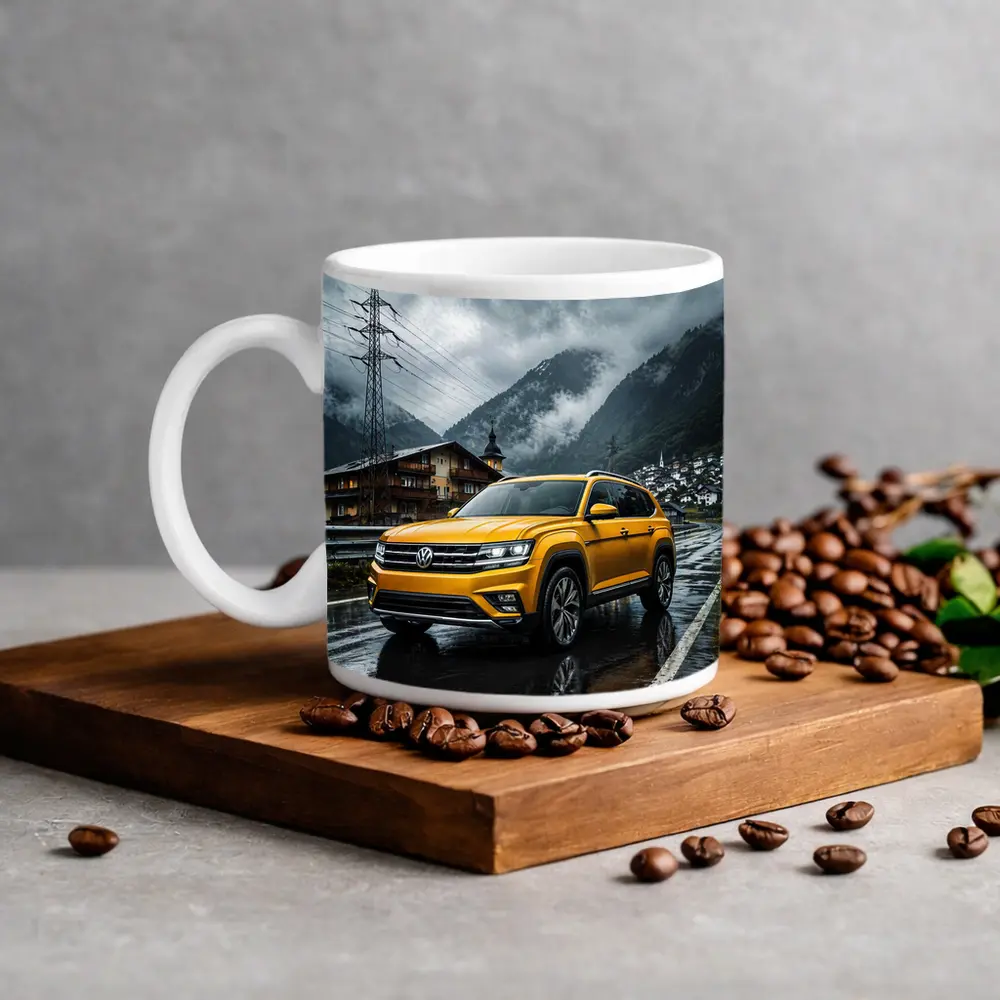 Volkswagen Atlas Yellow SUV Rainy Mountain Village – Mugs
