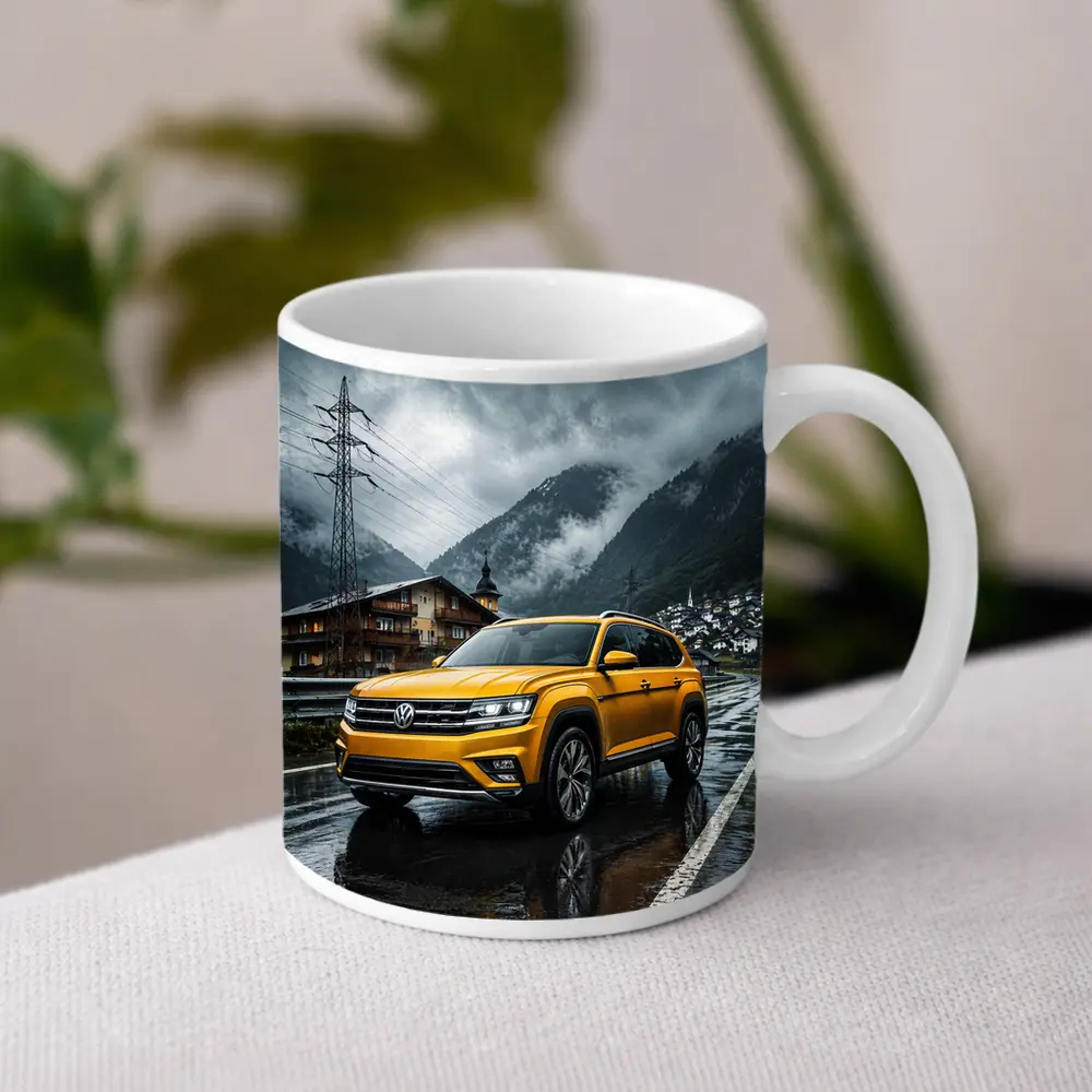 Volkswagen Atlas Yellow SUV Rainy Mountain Village – Mugs