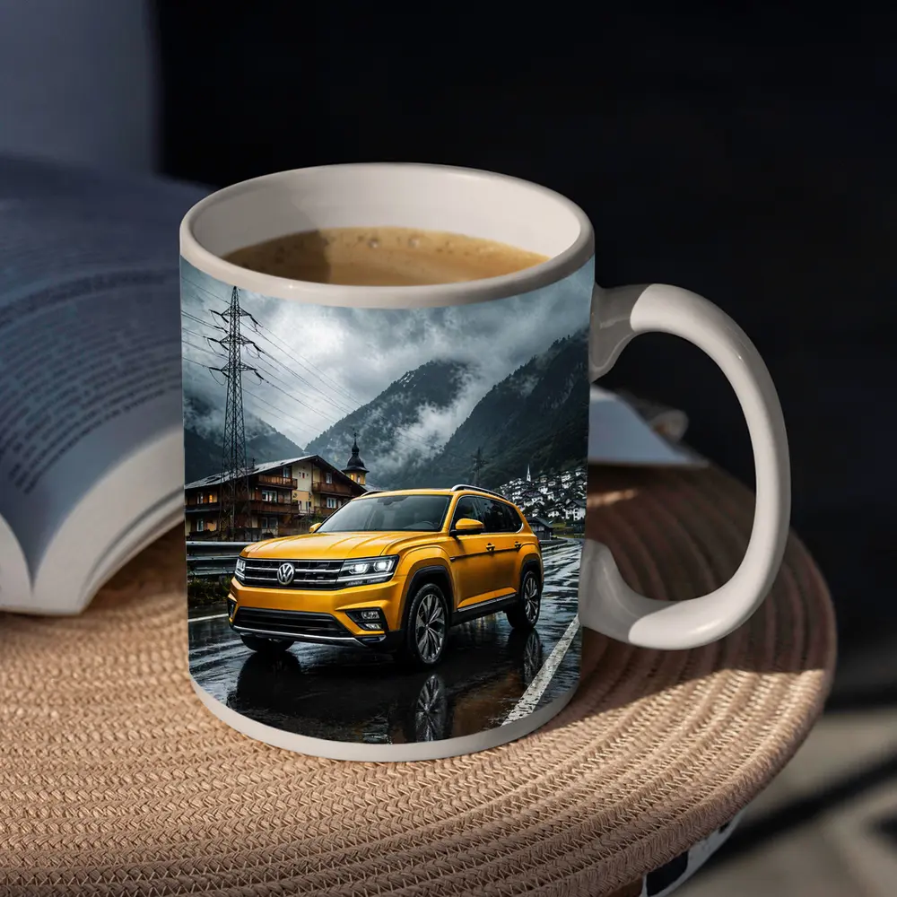 Volkswagen Atlas Yellow SUV Rainy Mountain Village – Mugs
