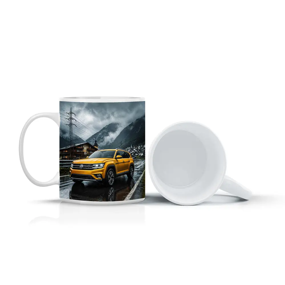 Volkswagen Atlas Yellow SUV Rainy Mountain Village – Mugs