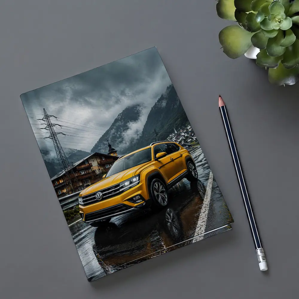 Volkswagen Atlas Yellow SUV Rainy Mountain Village – Notebooks