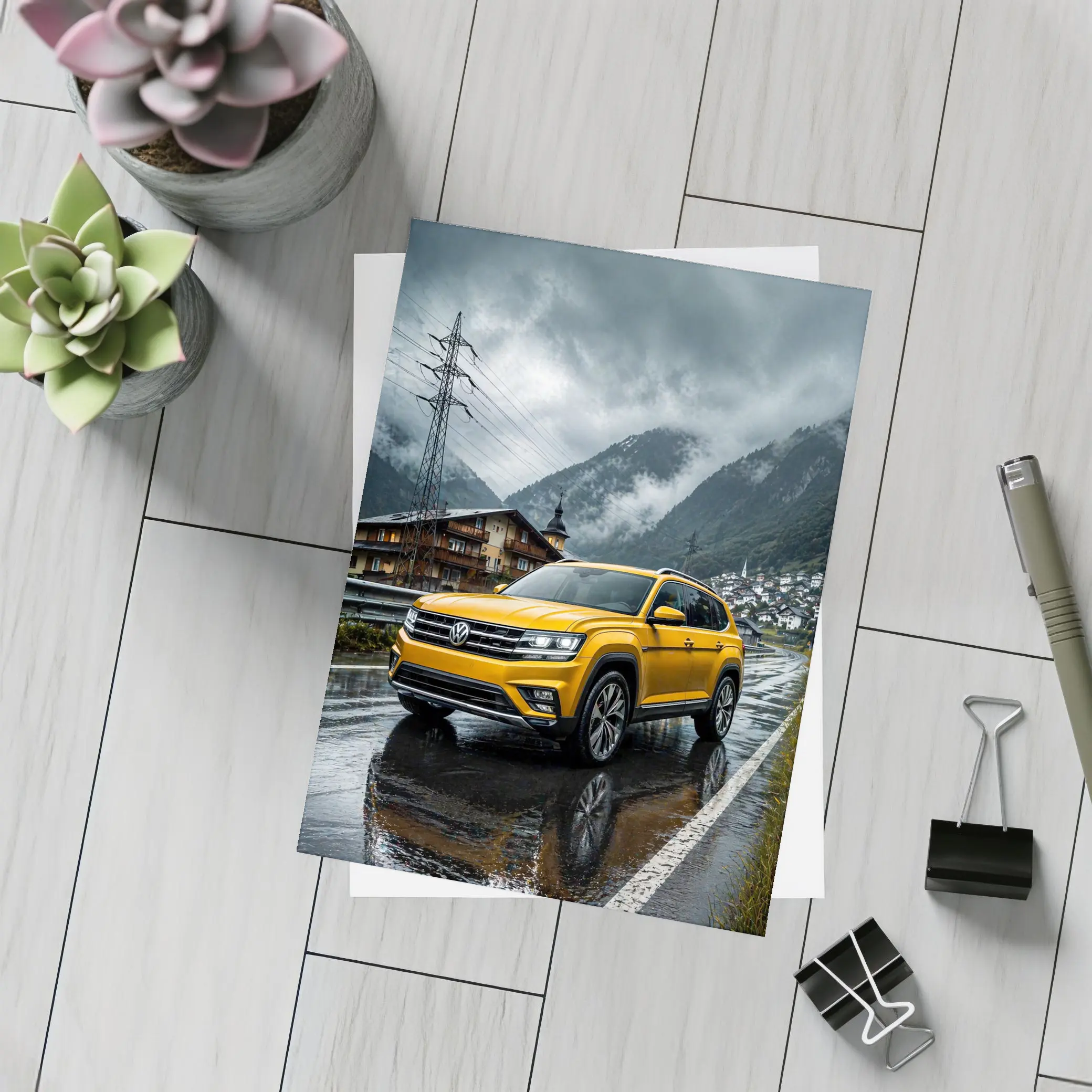 Volkswagen Atlas Yellow SUV Rainy Mountain Village – Postcards
