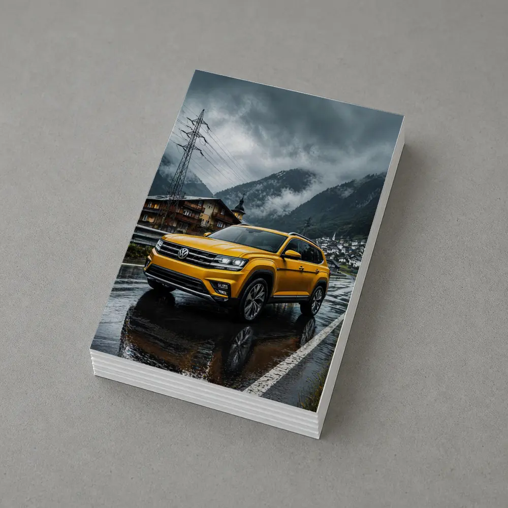 Volkswagen Atlas Yellow SUV Rainy Mountain Village – Postcards