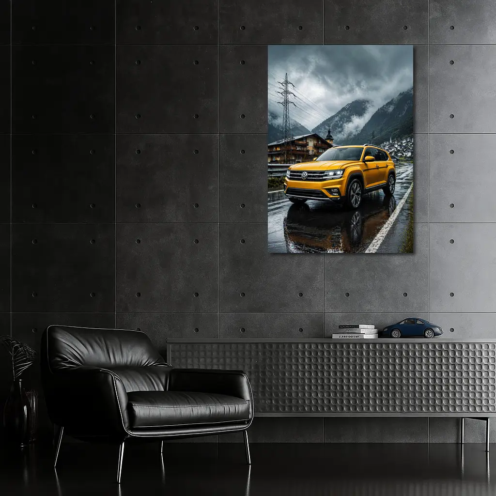 Volkswagen Atlas Yellow SUV Rainy Mountain Village – Wall Art