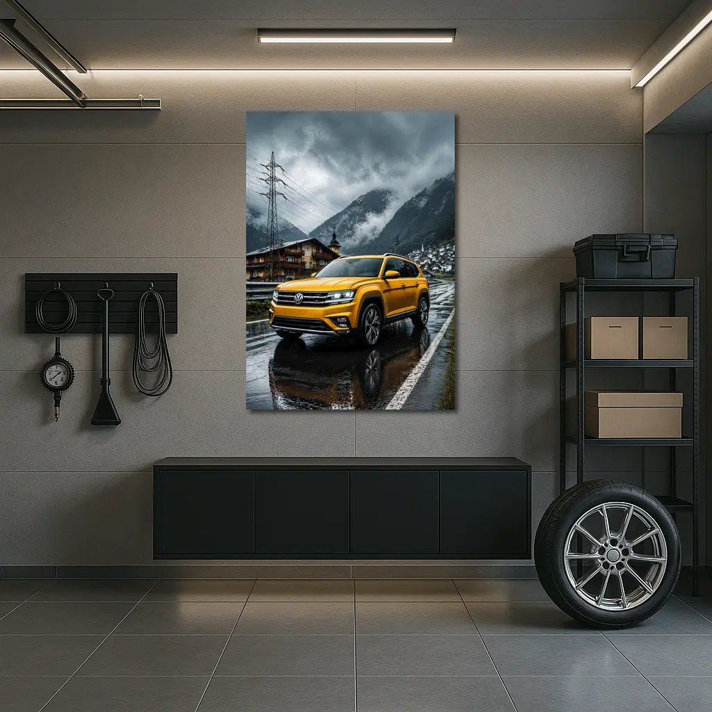 Volkswagen Atlas Yellow SUV Rainy Mountain Village – Wall Art