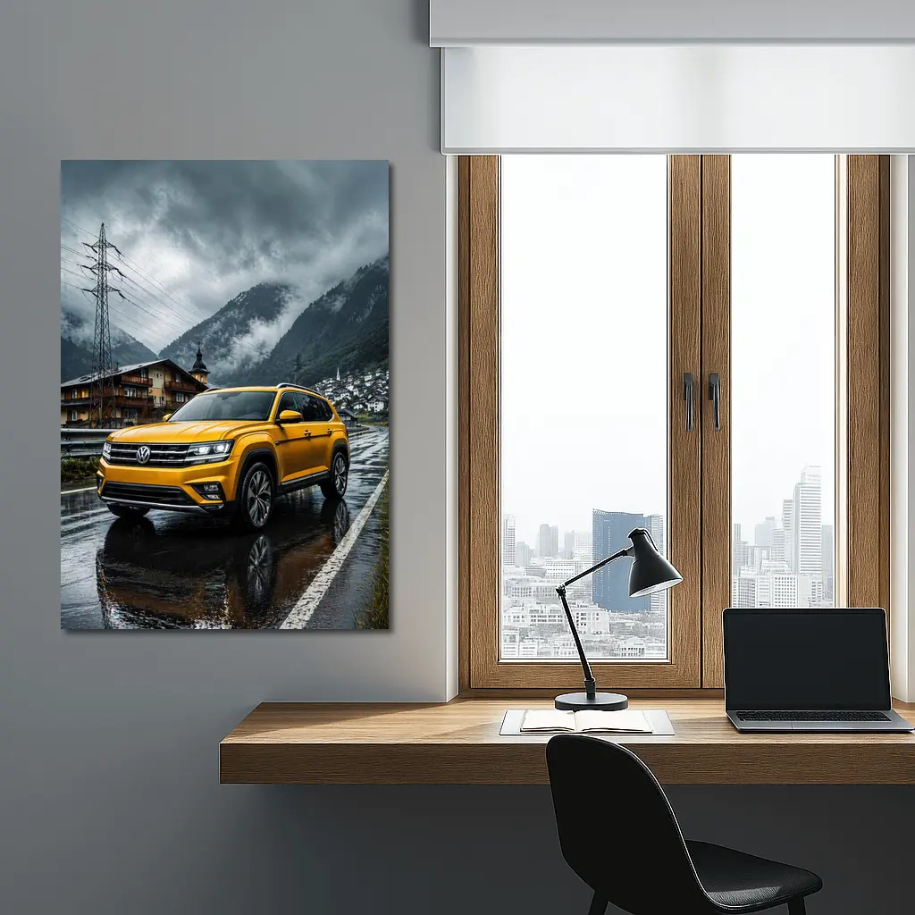 Volkswagen Atlas Yellow SUV Rainy Mountain Village – Wall Art