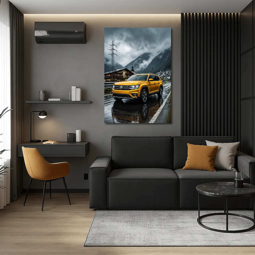 Volkswagen Atlas Yellow SUV Rainy Mountain Village – Wall Art