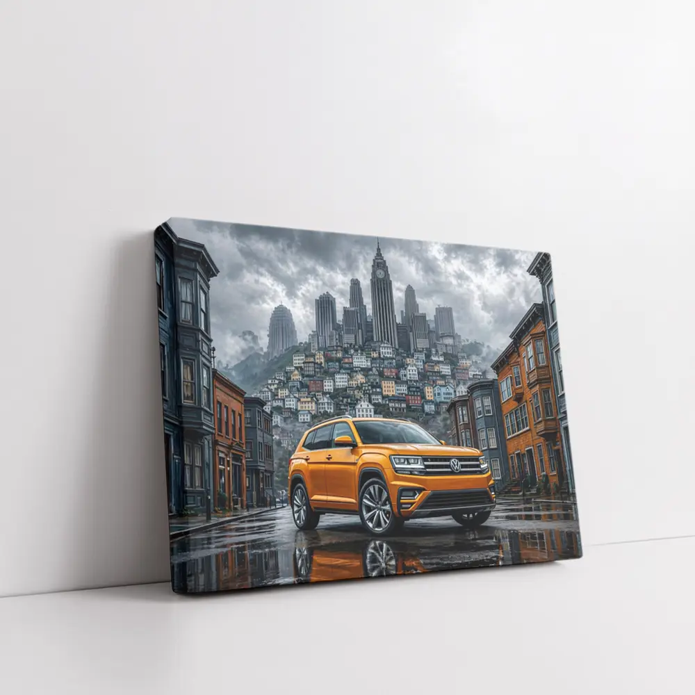 Volkswagen Atlas Orange SUV Rainy City Street – Wall Art
