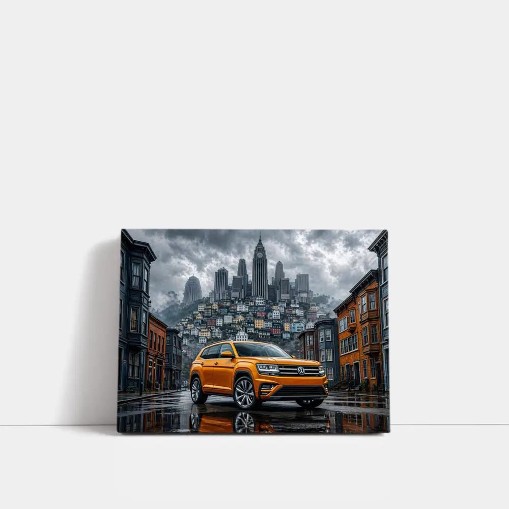 Volkswagen Atlas Orange SUV Rainy City Street – Wall Art