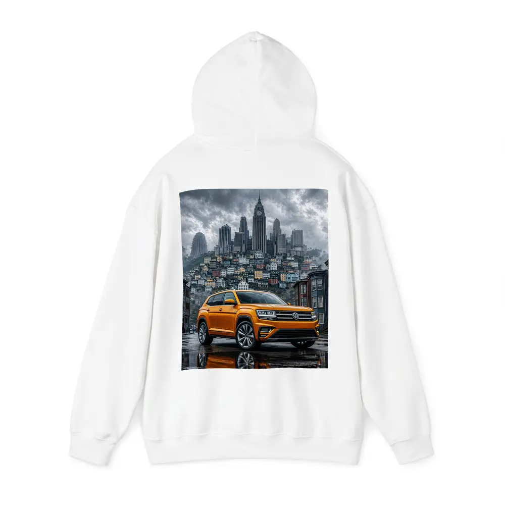 Volkswagen Atlas Orange SUV Rainy City Street – Hoodies