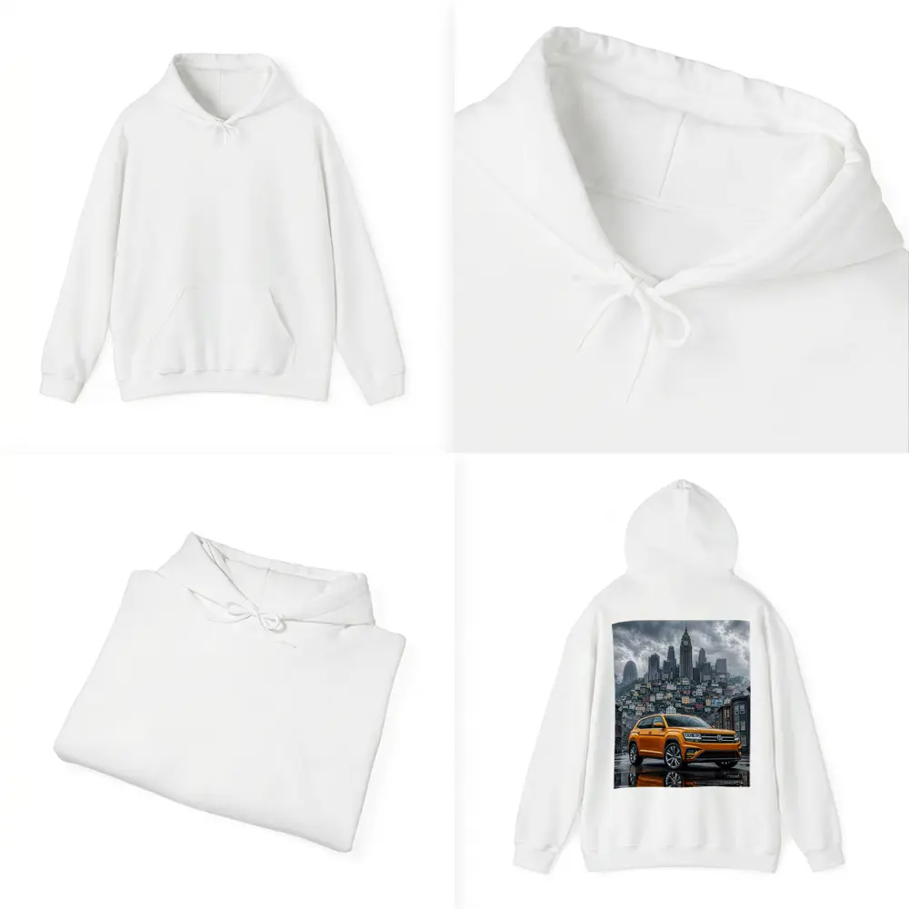 Volkswagen Atlas Orange SUV Rainy City Street – Hoodies