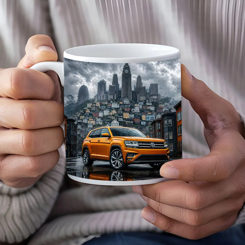 Volkswagen Atlas Orange SUV Rainy City Street – Mugs