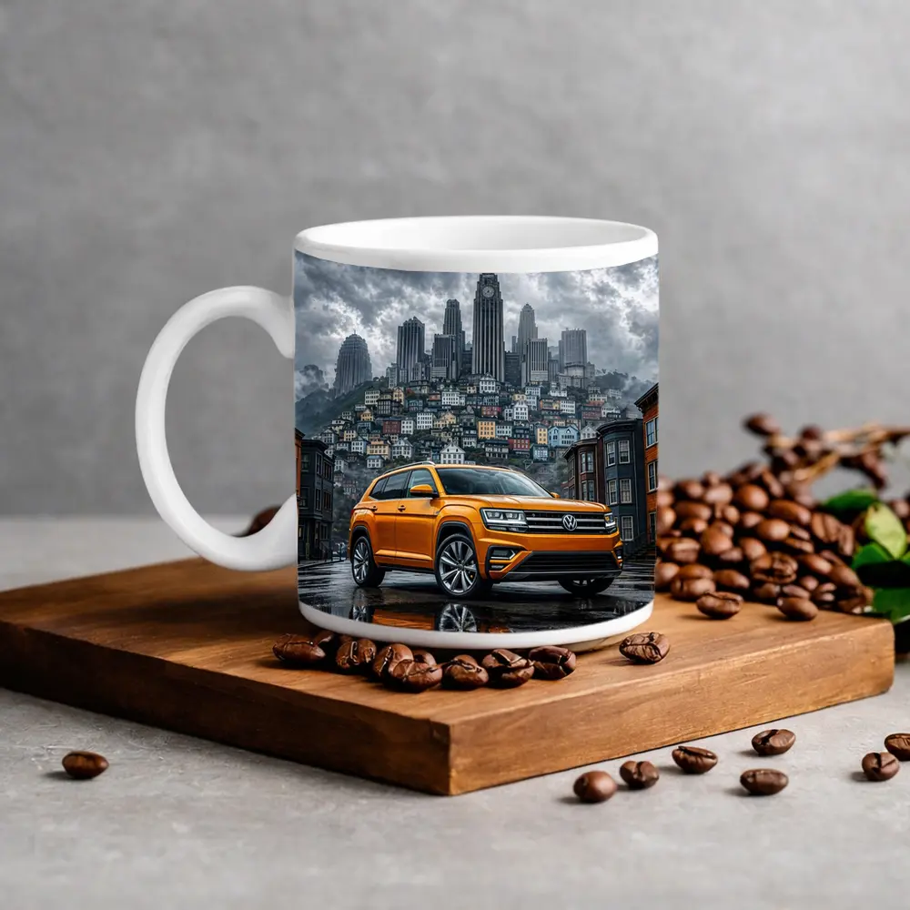 Volkswagen Atlas Orange SUV Rainy City Street – Mugs