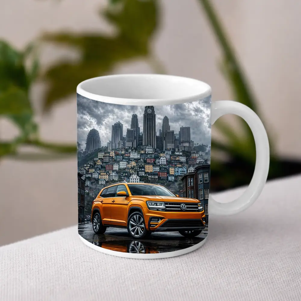 Volkswagen Atlas Orange SUV Rainy City Street – Mugs