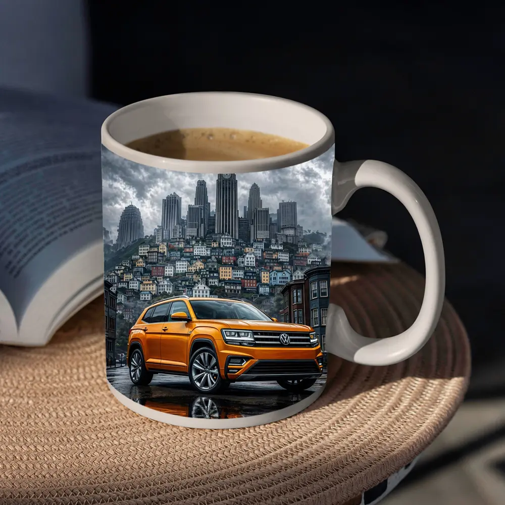 Volkswagen Atlas Orange SUV Rainy City Street – Mugs