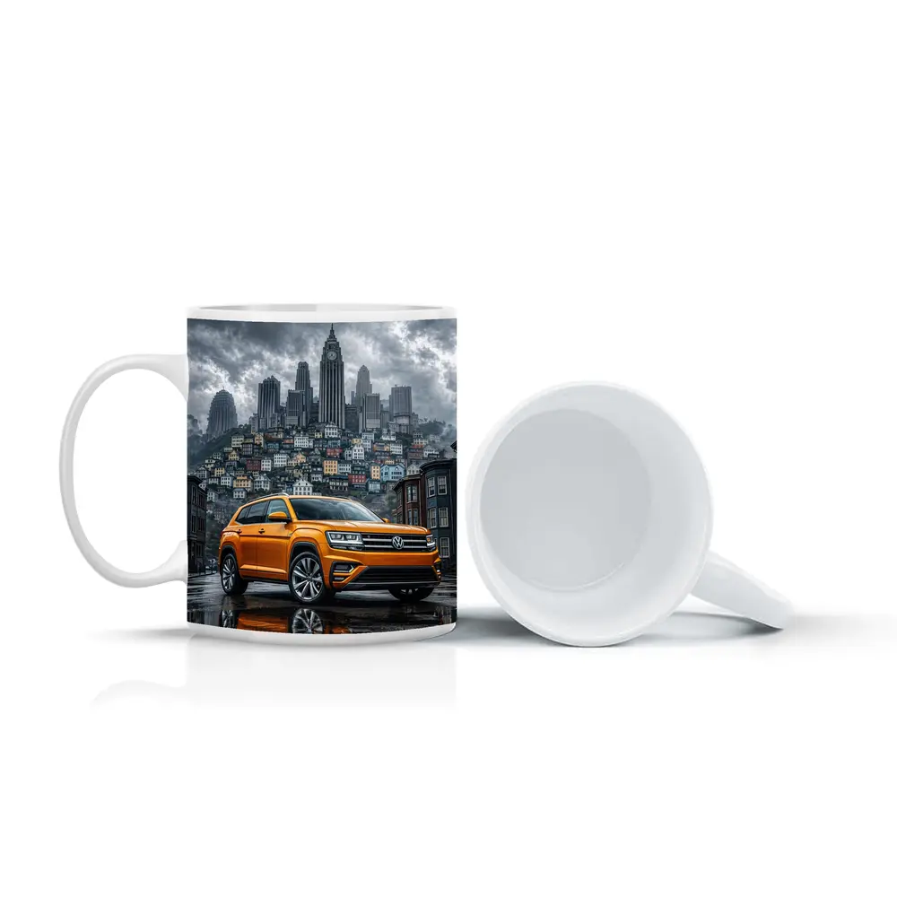 Volkswagen Atlas Orange SUV Rainy City Street – Mugs